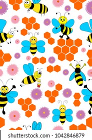 seamless pattern honeycomb bee flowers