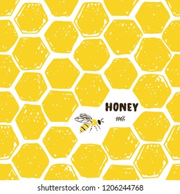 Seamless pattern of honeycomb and bee. Vector hand drawn illustration.