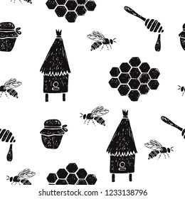 Seamless pattern with honeycomb, bees, beehive, jar, spoon. Vector hand drawn illustration.