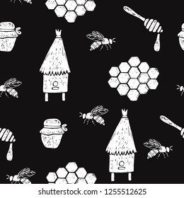 Seamless pattern with honeycomb, bees, beehive, jar, spoon. Vector hand drawn illustration.