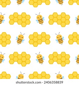 seamless pattern with honeycomb and bees, cartoon vector illustration on white background