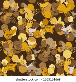 seamless pattern with honeycomb and bees on a brown background. Vector image eps 10