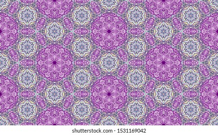 Seamless pattern of honeycomb elements. Colored snowflakes. Pink, green, lilac, yellow, purple.