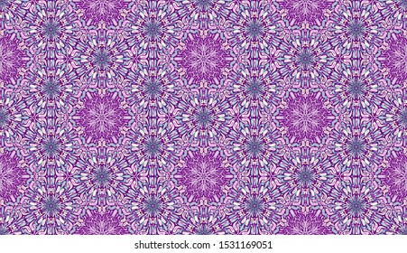 Seamless pattern of honeycomb elements. Colored snowflakes. Pink, green, lilac, yellow, purple.