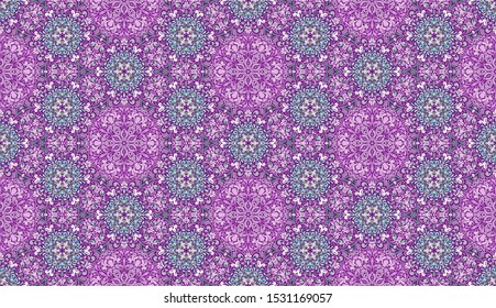 Seamless pattern of honeycomb elements. Colored snowflakes. Pink, green, lilac, yellow, purple.