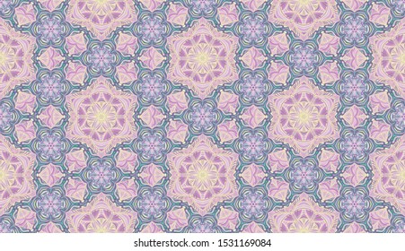 Seamless pattern of honeycomb elements. Colored snowflakes. Pink, green, lilac, yellow, purple.