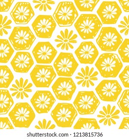 Seamless pattern of honeycomb and flowers. Vector hand drawn illustration.