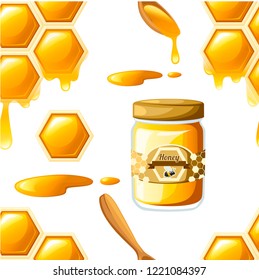 Seamless pattern. Honeycomb with honey drops. Sweet honey with flower and bees. Container for honey and spoon. Logo for shop or bakery. Flat vector illustration on white background.