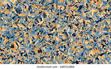 Seamless pattern with honeycomb structure. Colored crystalline snowflakes. Chaotic paints. The picture contains ascending dynamic groups of elements.