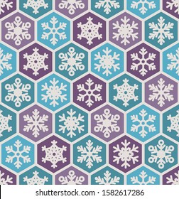 Seamless pattern honeycomb style with different snowflakes inside