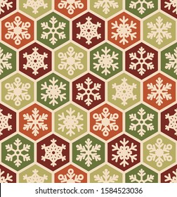 Seamless pattern honeycomb style with different snowflakes inside