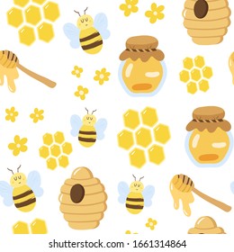 Seamless pattern of honeycombs, honey and bees.