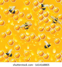 Seamless pattern with honeycombs honey drops and bee flat vector illustration in yellow background
