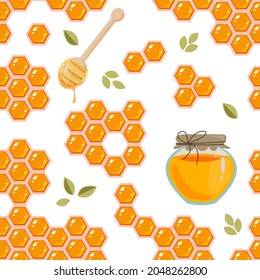 Seamless pattern with honeycombs and a jar of honey on a white background. Vector illustration in minimalistic flat style, hand drawing. Kitchen textile print, print design, postcards, menus