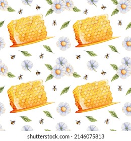 Seamless pattern with honeycombs, wildflowers and bees. Suitable for textiles, wrapping paper, wallpapers.