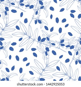 Seamless pattern with  honeysuckle berries on white background. Line art and silhouettes.