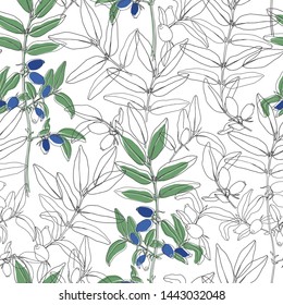 Seamless pattern with  honeysuckle berries on white background. Line art and silhouettes.