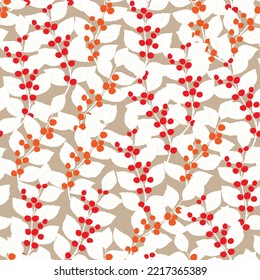 seamless pattern honeysuckle, cotoneaster, branches with white leaves, red and orange berries on a light background