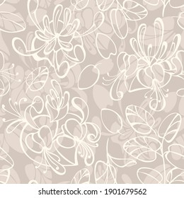 Seamless pattern with honeysuckle flowers and leaves on a beige background.