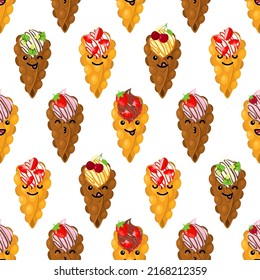 Seamless pattern of hong cute kong waffles. Kawaii babble waffles pattern. 