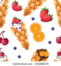 Seamless pattern Hong Kong waffle with cherry strawberry orange and whipped or chocolate cream vector illustration isolated on white background website page and mobile app design.