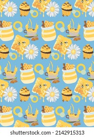 Seamless pattern with honney and cupcakes on the blue background