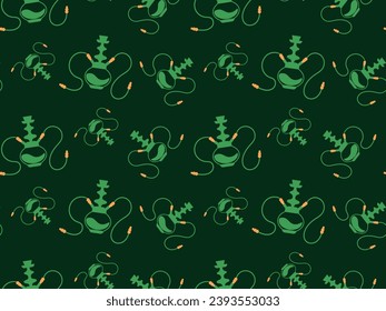 Seamless pattern with hookah on a green background, for wrapping paper, wallpaper, wall mural, textile. Vector illustration