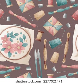 Seamless pattern with hoop, needle bed, floss threads. Embroidery, hobby, handmade. Great for fabric, wallpaper, paper.