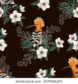 Seamless pattern with hoopoe bird, autumn leaves and branches. Vector