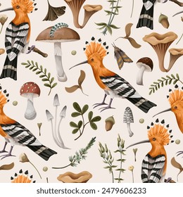 Seamless pattern with hoopoe bird, autumn leaves and branches. Vector