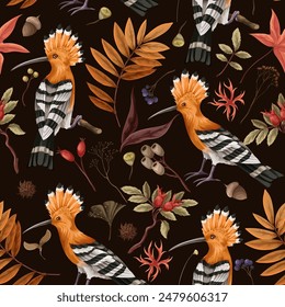 Seamless pattern with hoopoe bird, autumn leaves and branches. Vector