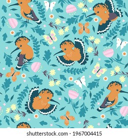 Seamless pattern with hoopoe birds and flowers. Vector graphics
