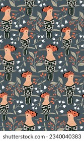 Seamless pattern with hoopoe and red berries. Beautiful autumn wallpaper with a bird.