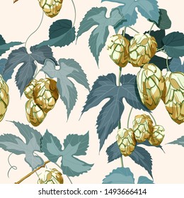 Seamless pattern of hop branch with golden Hop cones and leaf on white background. Vector illustration.