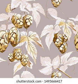 Seamless pattern of hop branch with golden Hop cones and leaf on pink-beige background. Vector illustration.