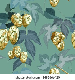 Seamless pattern of hop branch with golden Hop cones and leaf on turquoise background. Vector illustration.