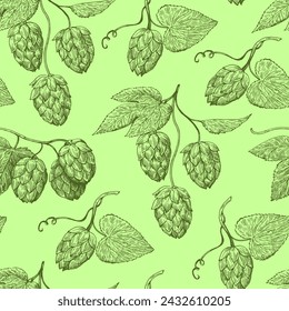 Seamless pattern with hop cones in vintage engraving style. Hand-drawn ink vector illustration.