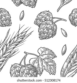 Seamless pattern from hop with leaf and Ear of barley. Isolated on white background. For poster with production process brewery beer. Vector color vintage engraved illustration. Hand drawn design