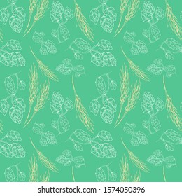 Seamless pattern of hop and malt green background, for wrapping paper, wallpaper, fabric pattern, backdrop, print, gift wrap, cover of notebook, envelope