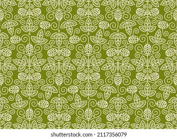 Seamless pattern with hop plant decorative ornament in thin line style. Vector illustration. White print on green background