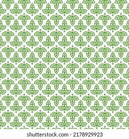 Seamless pattern with hop plant decorative ornament in thin line style. Vector illustration