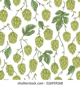 Seamless pattern with hops. Cones, leaves and branches. Isolated elements. Vintage hand drawn illustration in watercolor style