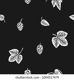 Seamless pattern with hops. Engraved style vintage wallpaper with hop leaves and cones. Black and white Vector floral background. 