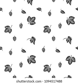 Seamless pattern with hops. Engraved style vintage wallpaper with hop leaves and cones. Black and white Vector floral background. 