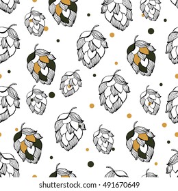 Seamless pattern with hops hand drawn vector illustration. beer seamless pattern. Vector illustration of Black and white. Sketch design. 