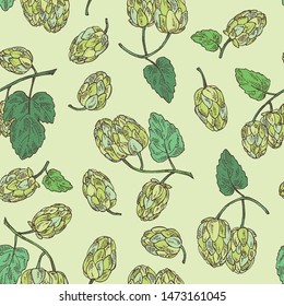 Seamless pattern with hops: plant and cone of hops. Cosmetic and medical plant. Vector hand drawn illustration