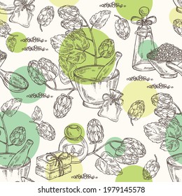 Seamless pattern with hops: plant and cone of hops and bath salt, soap and beauty products. Cosmetic, perfumery and medical plant. Vector hand drawn illustration.