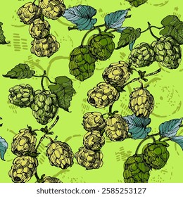 Seamless Pattern with hops and wheat. Color sketch style hand drawn background. Detailed illustration, hand drawn. Great for fabric and textile, prints, invitation, packaging, or any desired idea.