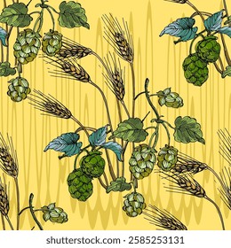 Seamless Pattern with hops and wheat. Color sketch style hand drawn background. Detailed illustration, hand drawn. Great for fabric and textile, prints, invitation, packaging, or any desired idea.