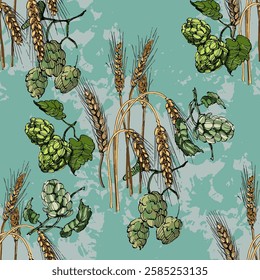 Seamless Pattern with hops and wheat. Color sketch style hand drawn background. Detailed illustration, hand drawn. Great for fabric and textile, prints, invitation, packaging, or any desired idea.